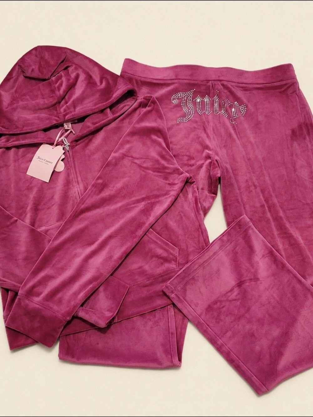 Juicy Couture Festival Fuschia Velour Zip Up Hoodie & Pants Set - XL